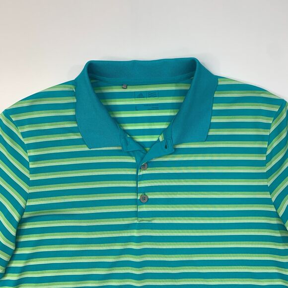 Adidas Polo Shirt Mens L Large Green Striped High Low Vented Hem Short Sleeves - Picture 3 of 14